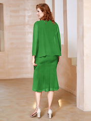 Robe Fourreau à Col en Scoop Longueur de Mollet en Mousseline Vert Grande Taille