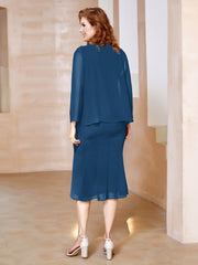 Robe Fourreau à Col en Scoop Longueur de Mollet en Mousseline Bleu Encre