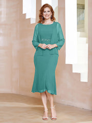 Robe Fourreau à Col en Scoop Longueur de Mollet en Mousseline Jade Grande Taille