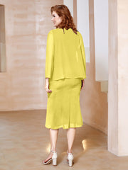 Robe Fourreau à Col en Scoop Longueur de Mollet en Mousseline Citron