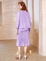 Robe Fourreau à Col en Scoop Longueur de Mollet en Mousseline Lilas Grande Taille