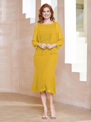 Robe Fourreau à Col en Scoop Longueur de Mollet en Mousseline Souci Grande Taille