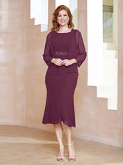 Robe Fourreau à Col en Scoop Longueur de Mollet en Mousseline Mûre