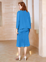 Robe Fourreau à Col en Scoop Longueur de Mollet en Mousseline Bleu Océan Grande Taille