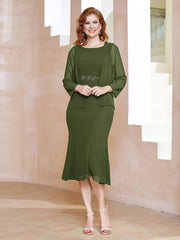 Robe Fourreau à Col en Scoop Longueur de Mollet en Mousseline Olive Verte