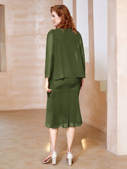 Robe Fourreau à Col en Scoop Longueur de Mollet en Mousseline Olive Verte