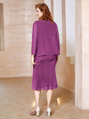 Robe Fourreau à Col en Scoop Longueur de Mollet en Mousseline Orchidee Grande Taille