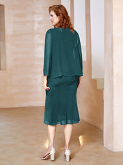 Robe Fourreau à Col en Scoop Longueur de Mollet en Mousseline Paon Grande Taille