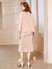 Robe Fourreau à Col en Scoop Longueur de Mollet en Mousseline Rose Perle Grande Taille