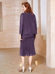 Robe Fourreau à Col en Scoop Longueur de Mollet en Mousseline Plum