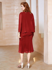 Robe Fourreau à Col en Scoop Longueur de Mollet en Mousseline Rouge Grande Taille
