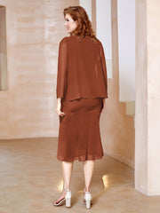 Robe Fourreau à Col en Scoop Longueur de Mollet en Mousseline Rouille Grande Taille
