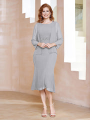 Robe Fourreau à Col en Scoop Longueur de Mollet en Mousseline Argent