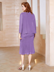 Robe Fourreau à Col en Scoop Longueur de Mollet en Mousseline Tahiti Grande Taille