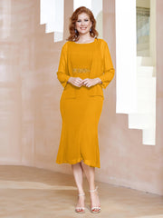 Robe Fourreau à Col en Scoop Longueur de Mollet en Mousseline Mandarine