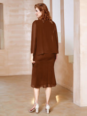 Robe Fourreau à Col en Scoop Longueur de Mollet en Mousseline Terracotta