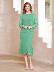 Robe Fourreau à Col en Scoop Longueur de Mollet en Mousseline Turquoise Grande Taille