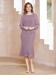 Robe Fourreau à Col en Scoop Longueur de Mollet en Mousseline Vintage Mauve Grande Taille
