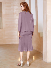 Robe Fourreau à Col en Scoop Longueur de Mollet en Mousseline Vintage Mauve Grande Taille