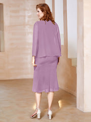 Robe Fourreau à Col en Scoop Longueur de Mollet en Mousseline Glycine Grande Taille