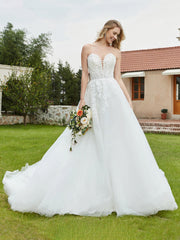 Robe de Mariée en Dentelle à Col en Cœur Plongeant Sans Manches Blanc