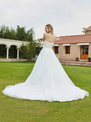 Robe de Mariée en Dentelle à Col en Cœur Plongeant Sans Manches Blanc
