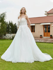 Robe de Mariée en Dentelle à Col en Cœur Plongeant Sans Manches Blanc