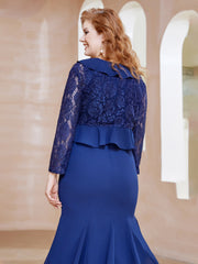 Robe Fourreau en Mousseline Longueur de Mollet à Col en Scoop avec Dentelle Bleu Marine Clair Grande Taille