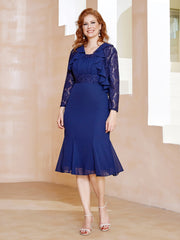 Robe Fourreau en Mousseline Longueur de Mollet à Col en Scoop avec Dentelle Bleu Marine Clair Grande Taille