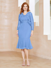 Robe Fourreau en Mousseline Longueur de Mollet à Col en Scoop avec Dentelle Bleu Grande Taille