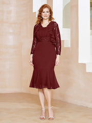 Robe Fourreau en Mousseline Longueur de Mollet à Col en Scoop avec Dentelle Bordeaux Grande Taille