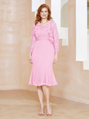 Robe Fourreau en Mousseline Longueur de Mollet à Col en Scoop avec Dentelle Rose Bonbon Grande Taille