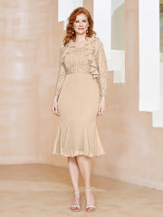 Robe Fourreau en Mousseline Longueur de Mollet à Col en Scoop avec Dentelle Champagne
