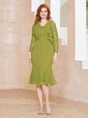 Robe Fourreau en Mousseline Longueur de Mollet à Col en Scoop avec Dentelle Trèfle Grande Taille