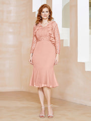Robe Fourreau en Mousseline Longueur de Mollet à Col en Scoop avec Dentelle Corail Grande Taille