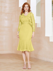 Robe Fourreau en Mousseline Longueur de Mollet à Col en Scoop avec Dentelle Jonquille Grande Taille