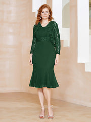 Robe Fourreau en Mousseline Longueur de Mollet à Col en Scoop avec Dentelle Vert Foncé