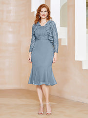 Robe Fourreau en Mousseline Longueur de Mollet à Col en Scoop avec Dentelle Bleu Poudré