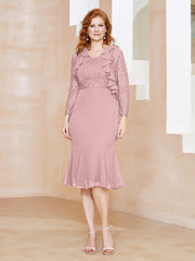 Robe Fourreau en Mousseline Longueur de Mollet à Col en Scoop avec Dentelle Rose Poudré Grande Taille