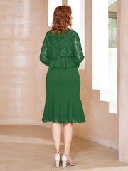 Robe Fourreau en Mousseline Longueur de Mollet à Col en Scoop avec Dentelle Emeraude Grande Taille