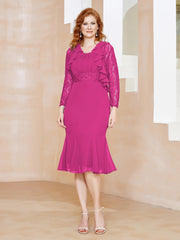 Robe Fourreau en Mousseline Longueur de Mollet à Col en Scoop avec Dentelle Fuchsia Grande Taille