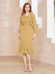 Robe Fourreau en Mousseline Longueur de Mollet à Col en Scoop avec Dentelle Or Grande Taille