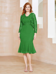 Robe Fourreau en Mousseline Longueur de Mollet à Col en Scoop avec Dentelle Vert Grande Taille