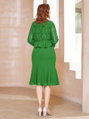 Robe Fourreau en Mousseline Longueur de Mollet à Col en Scoop avec Dentelle Vert Grande Taille