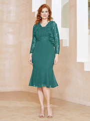 Robe Fourreau en Mousseline Longueur de Mollet à Col en Scoop avec Dentelle Jade