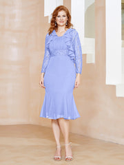 Robe Fourreau en Mousseline Longueur de Mollet à Col en Scoop avec Dentelle Lavande Grande Taille