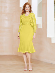 Robe Fourreau en Mousseline Longueur de Mollet à Col en Scoop avec Dentelle Citron Grande Taille