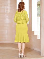 Robe Fourreau en Mousseline Longueur de Mollet à Col en Scoop avec Dentelle Citron Grande Taille