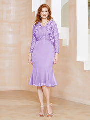 Robe Fourreau en Mousseline Longueur de Mollet à Col en Scoop avec Dentelle Lilas Grande Taille