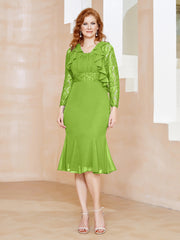 Robe Fourreau en Mousseline Longueur de Mollet à Col en Scoop avec Dentelle Vert Citron Grande Taille